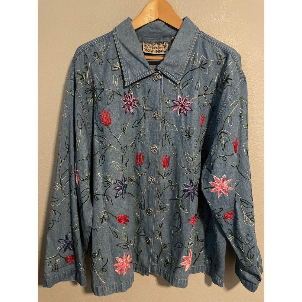 VTG Tantrum Blues Womens 2X Blue Denim Floral Embroidered Button Up Cottagecore